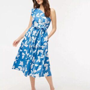 J. Crew One Shoulder Cotton Midi Dress Blue White Floral Size 8 NWT